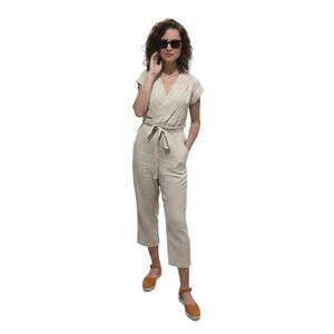Monteau Linen Blend Jumpsuit Womens Large Overall Boho Cropped
